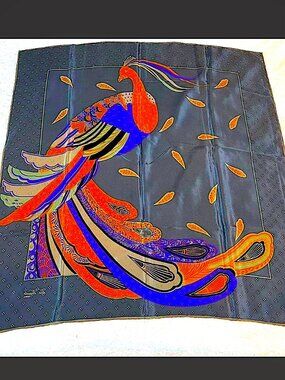 Vintage 32-Inch Via Veneto Roma Silk Scarf – Hand-Rolled Hem – Art Deco Peacock